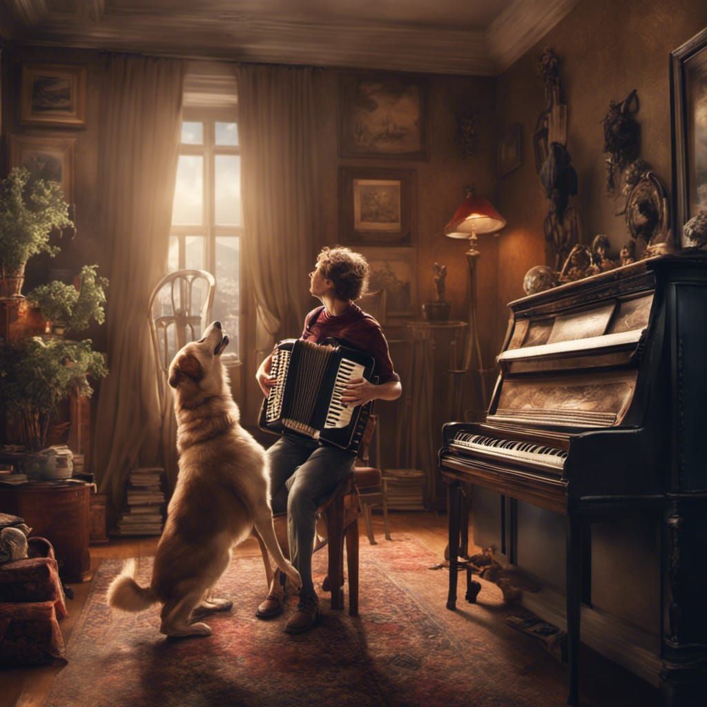 Dog howling ; young person playing accordion ; in living room  by @Corgifeet