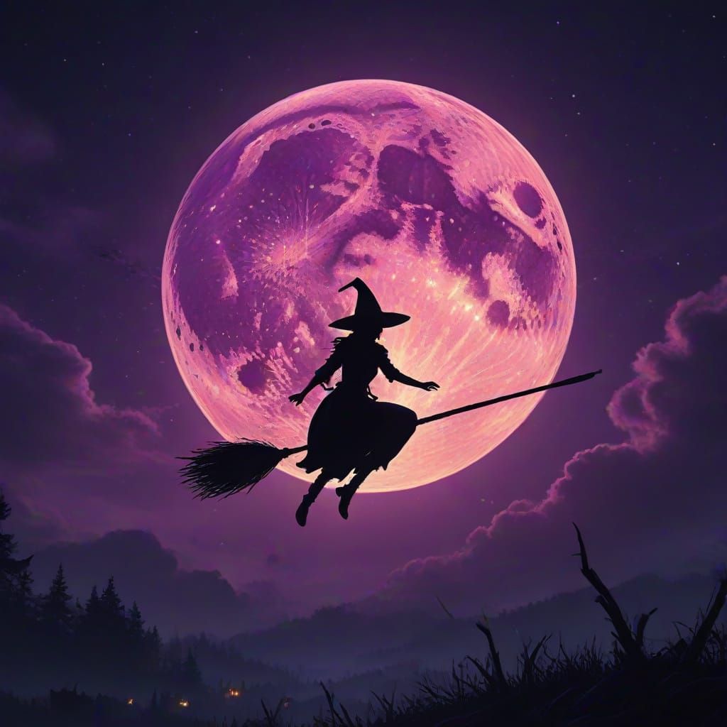 A witch riding across the sky illuminating by a silvery moon.  