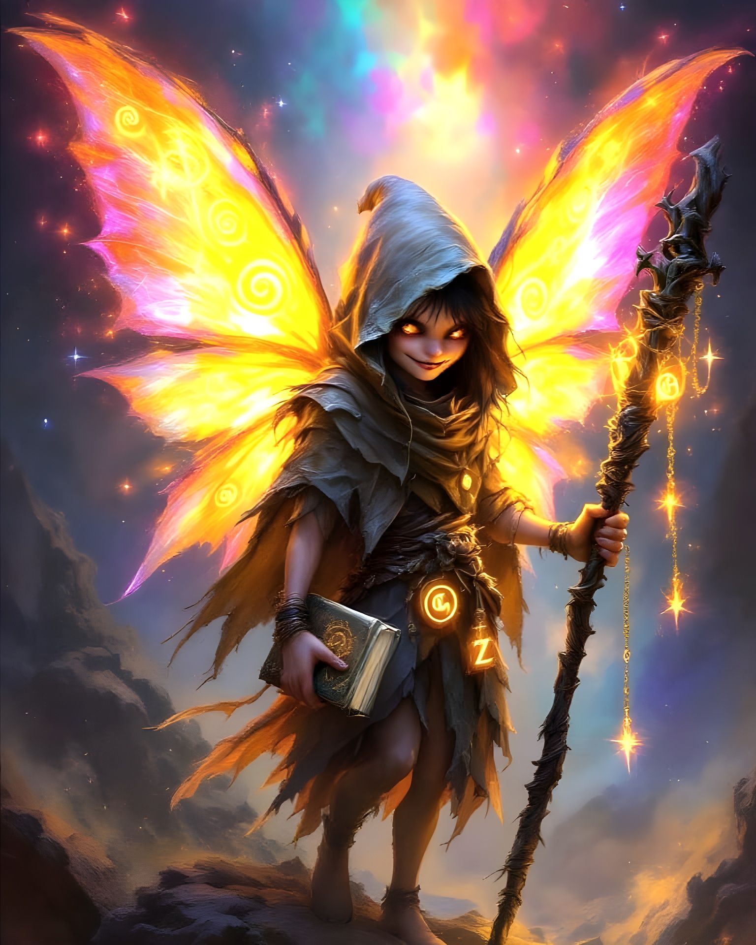 A lively, enigmatic pixie with enormous, shimmering wings that radiate vibrant magical hues, glowing ...  by @MankaS