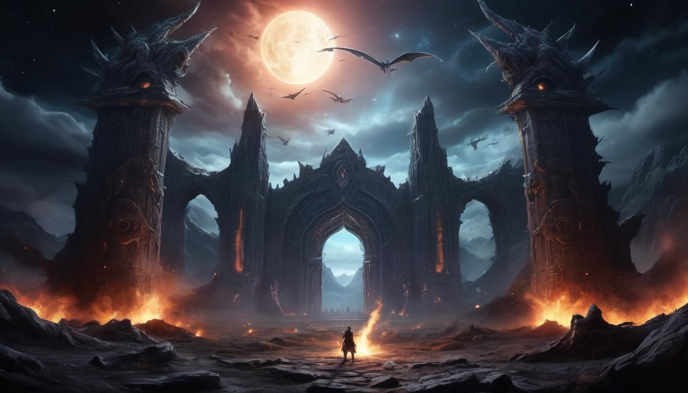various building behind portal - with flying creatures