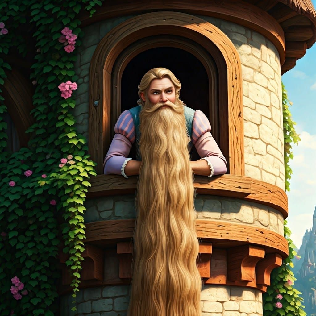 Male Rapunzel using his beard to let someone up the tower  by @Nika