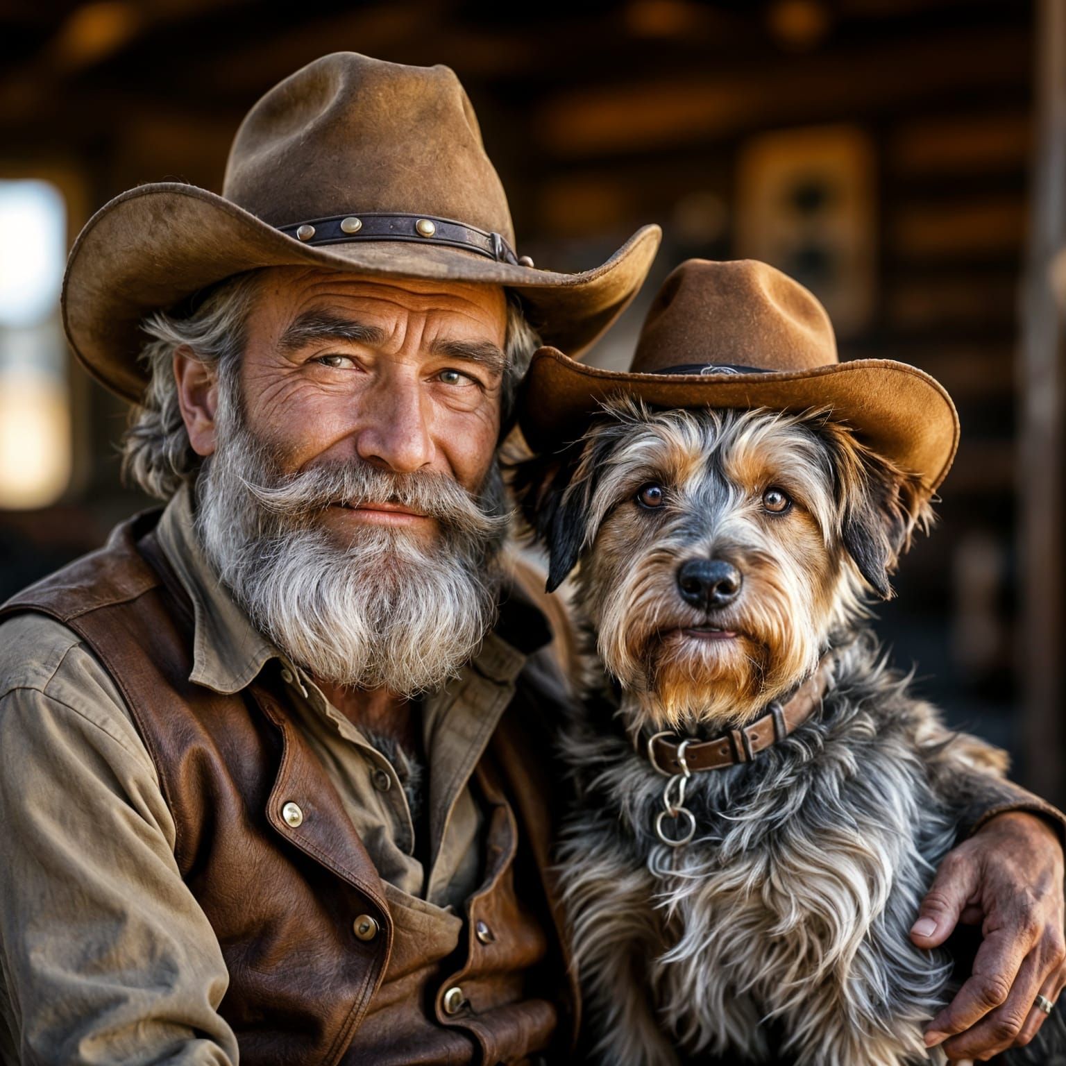 A grizzled, weathered old man with a thick beard and a worn leather hat shares a knowing glance with his scruffy terrier mix, who sports a m...
