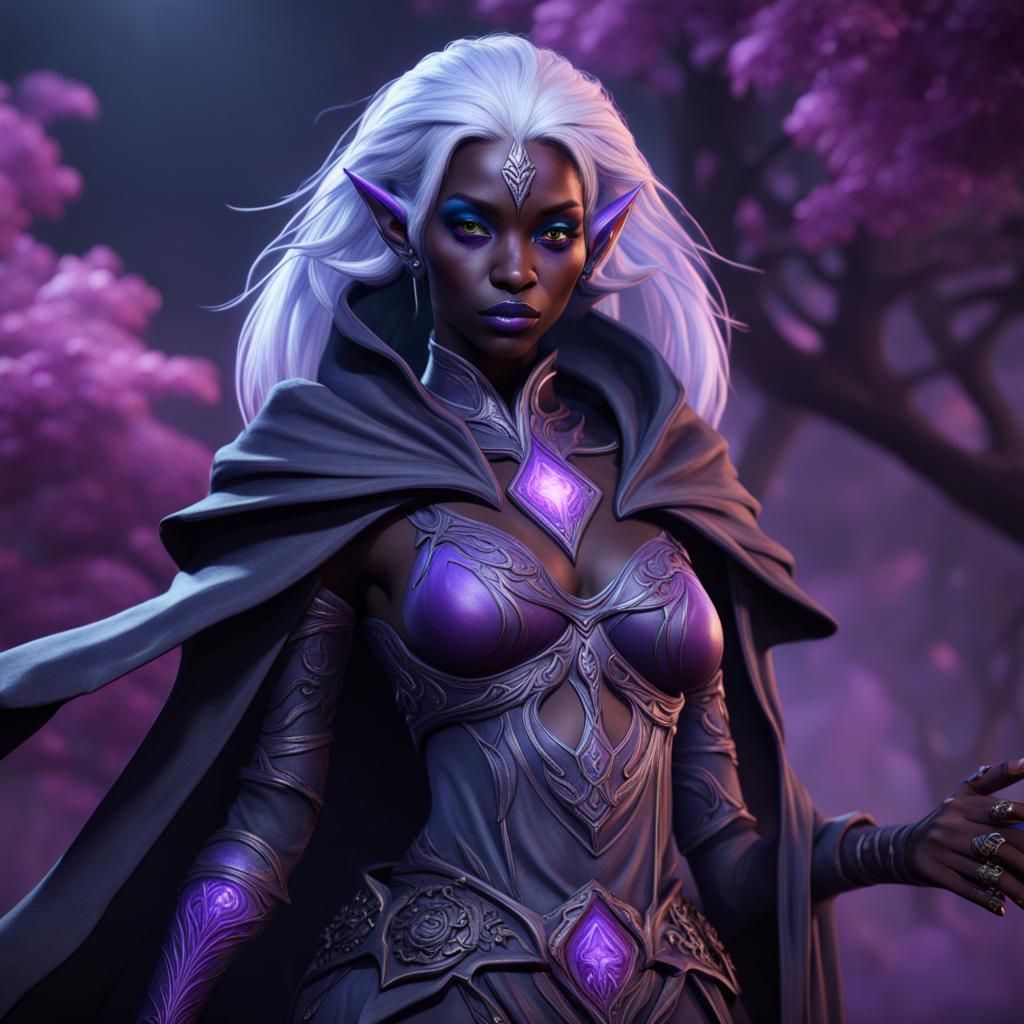 Purple skinned drow female wizard