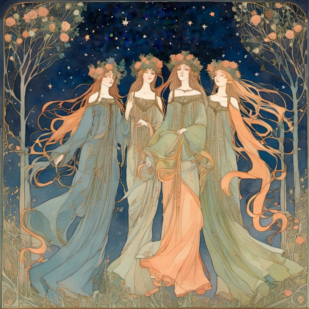 <lora:Glasgow Art Nouveau:1.0>dancing midnight coven :: 6_women wearing Crowns of flowers, long loose hair, joyful faces, bare_feet:: starr...
