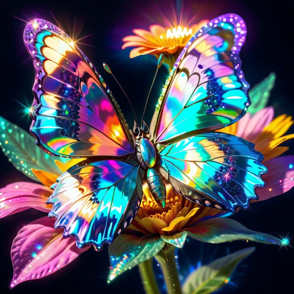 Beautiful Colourful Holographic Butterfly on a Holographic Flower - AI ...