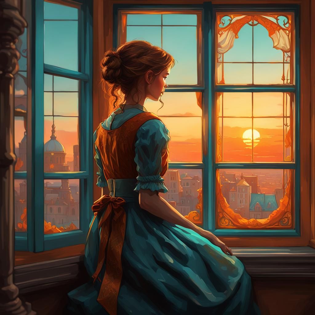 victorian girl on sunset light looking out of a window the h...