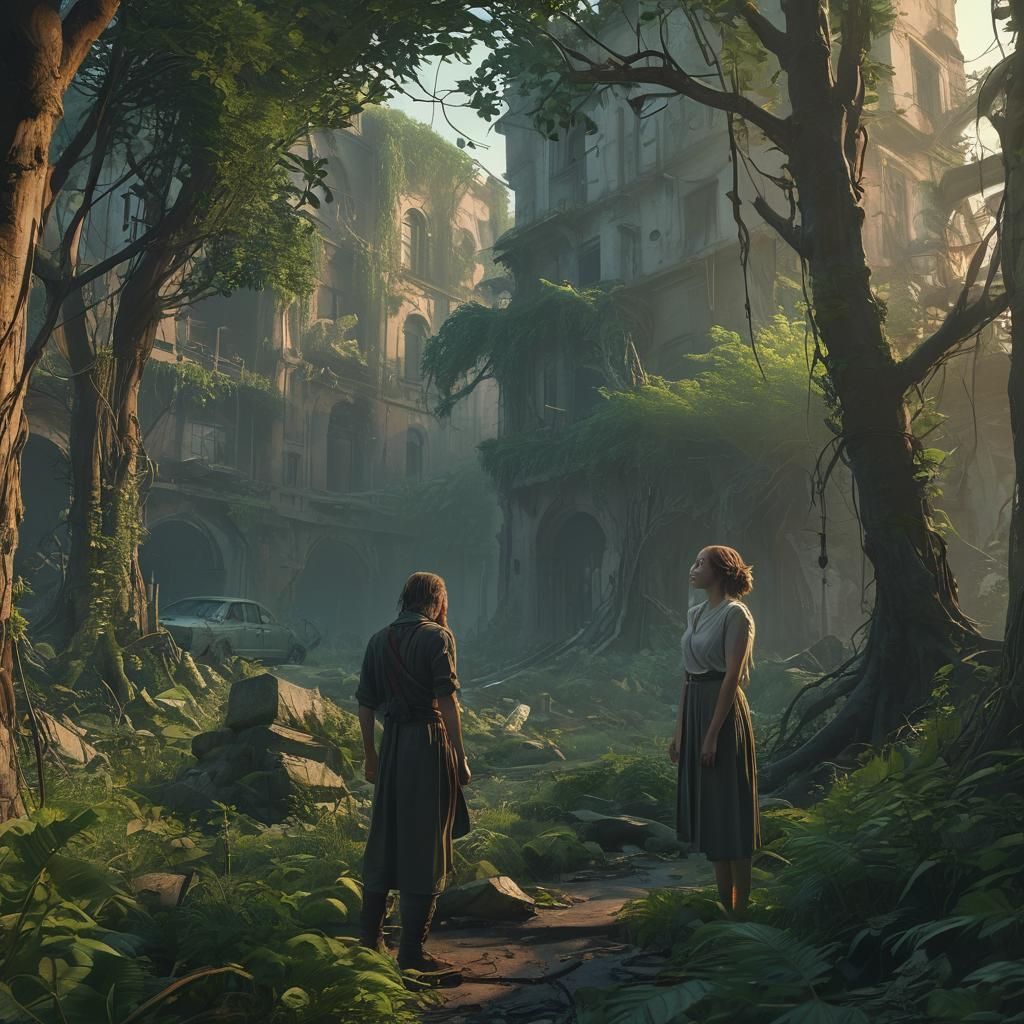 Ethereal Woman Comforts Man in Ruined City