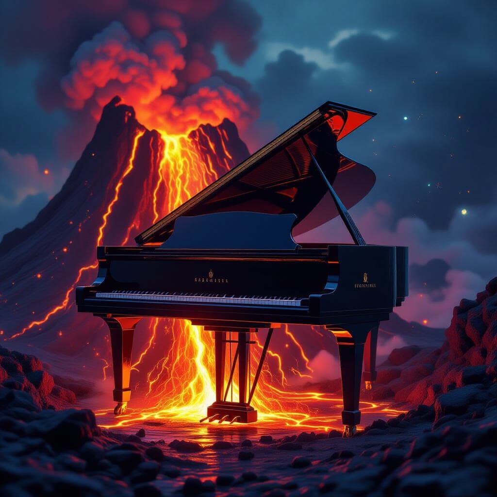 Volcanic Grand Piano Erupts with Lava and Cosmic Light
