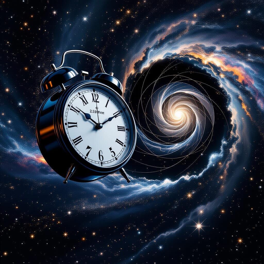 A clock in outer space set at 2:30pm and a black and white spiral time tunnel is seen in the distance. Galaxies twinkle and stars abound.