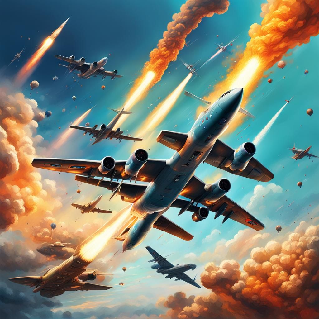 Dramatic Mid Shot of Bombers in Flight
