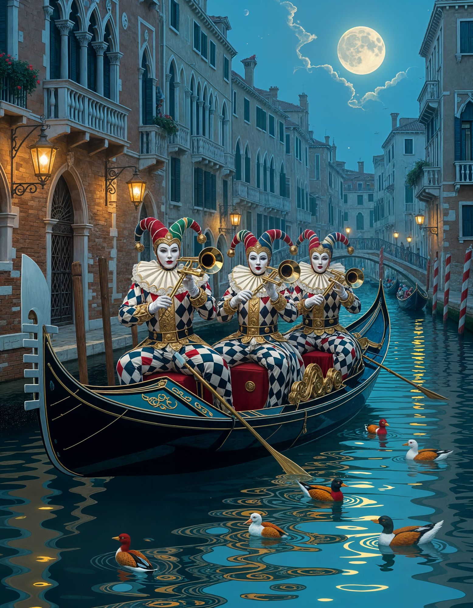 Masked harlequins dressed in diamond patterned costumes in a steam powered gondola on a venetian canal and play brass instruments to a flock...