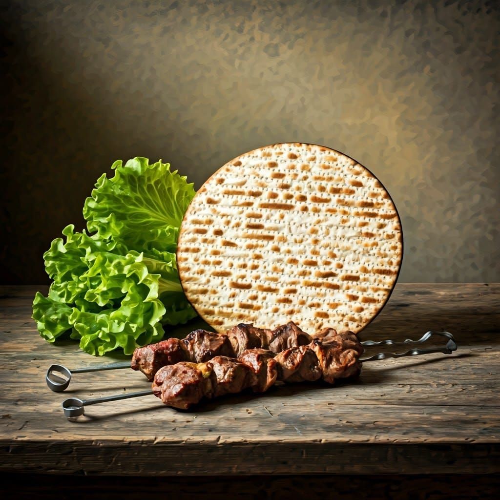 Golden Brown Matzah with Fresh Lettuce and Lamb Skewer in Im...