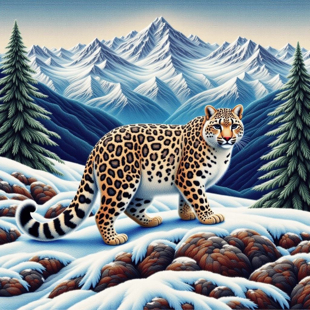 Snow Leopard in the mountains tapestry stitch <lora:Tapestry Touches 2:1.0>