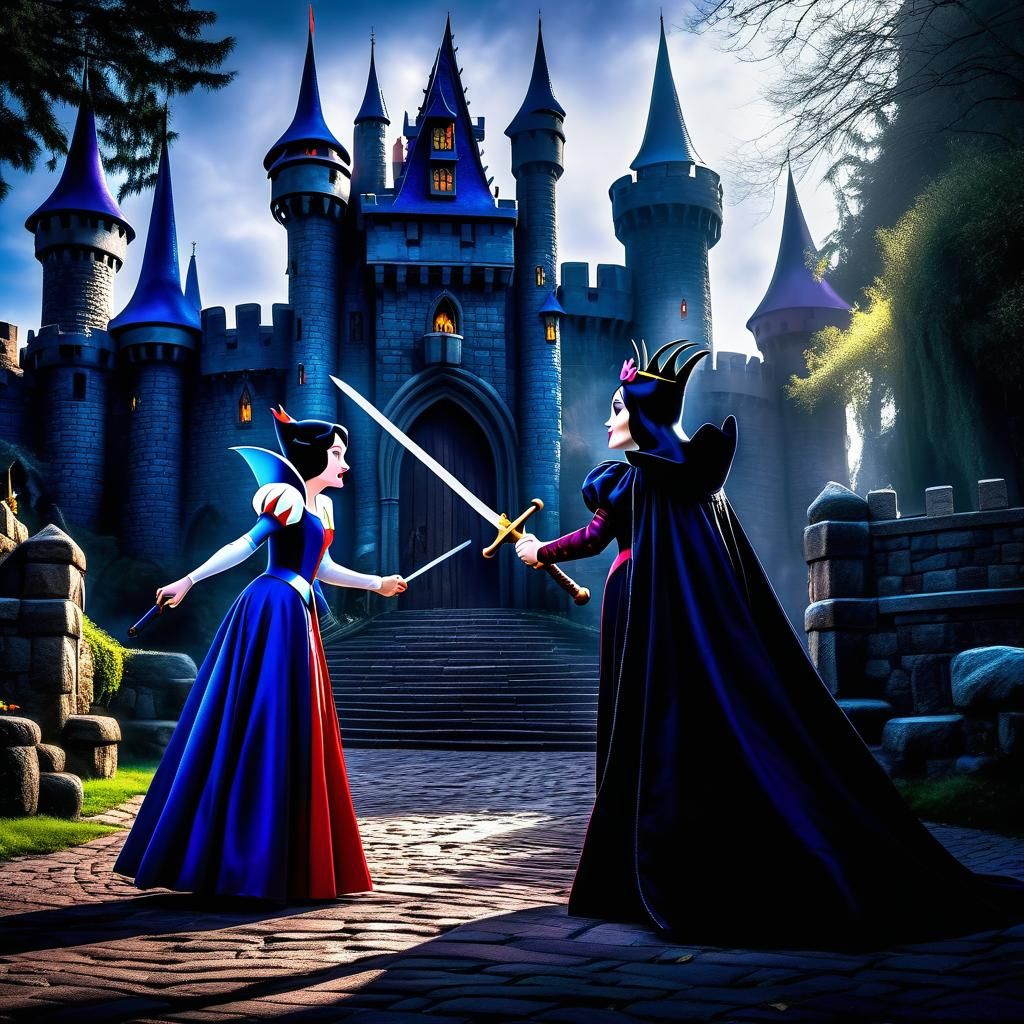 Malificent and snow white fighting at the castle, snow white with armor ...