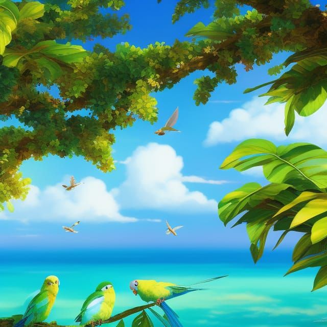 Cute cartoon parakeets doing happy things in the tropical sunshine, Studio Ghibli, Anime Key ...