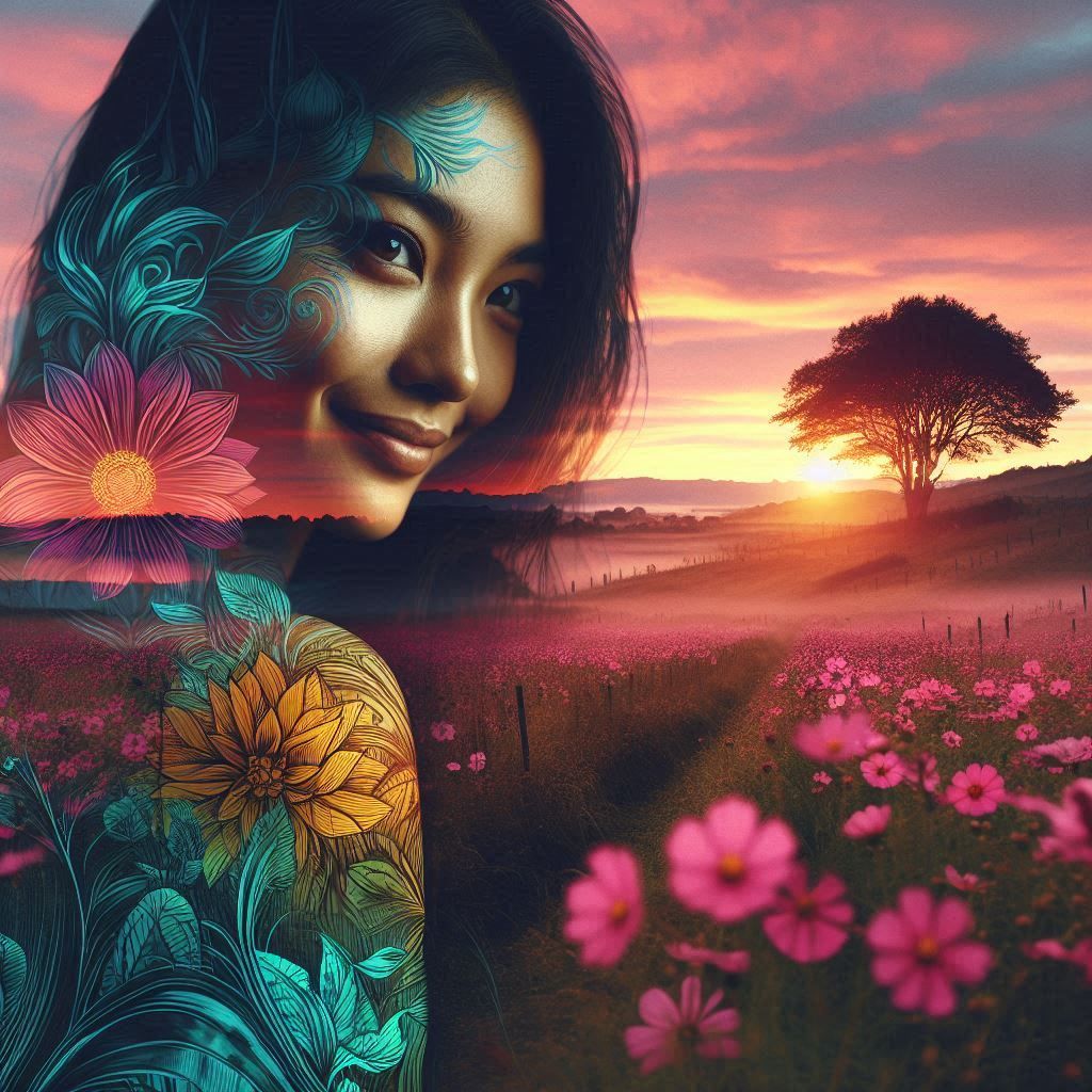 Double exposure : sunset & girl