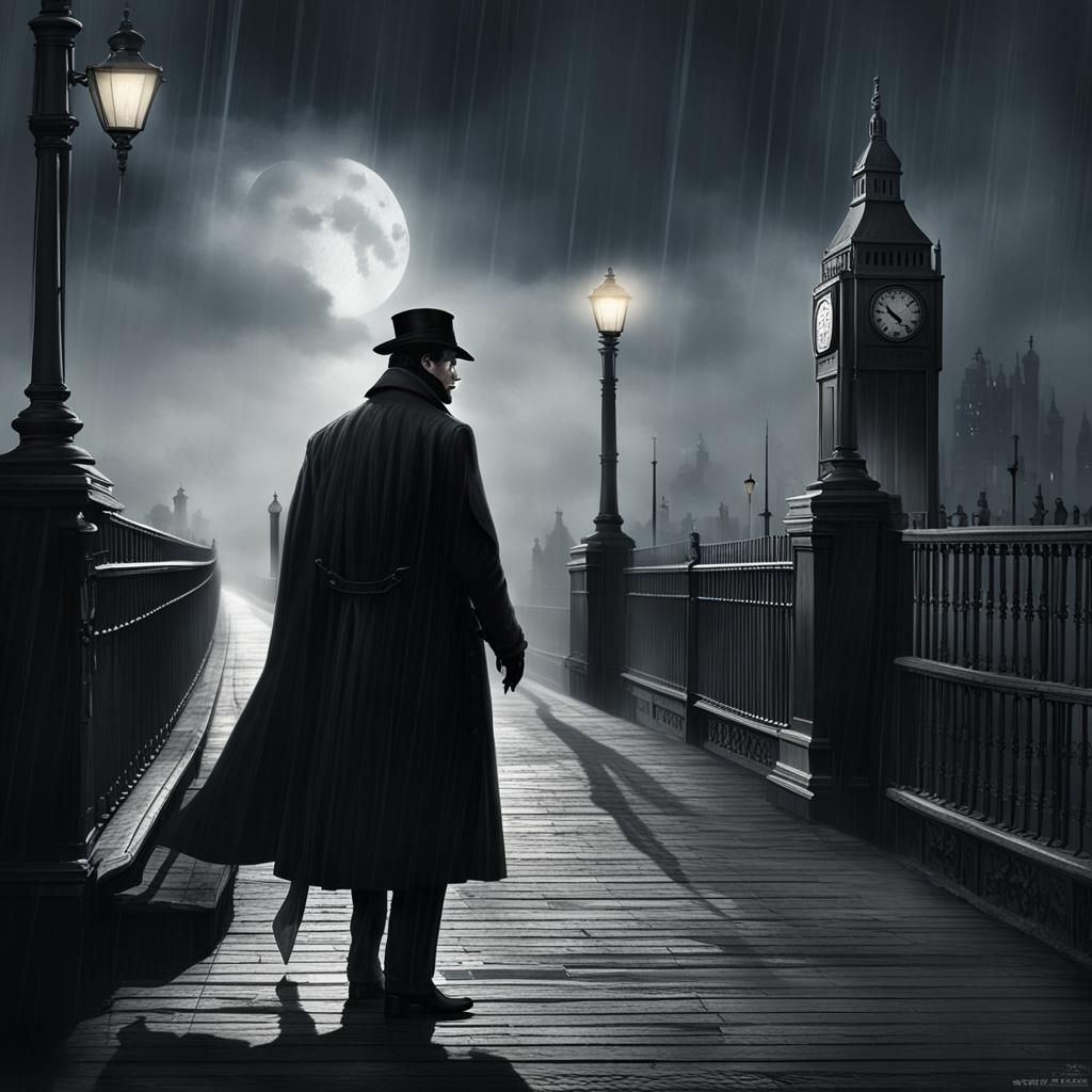 Sherlock Holmes, tall, bushy hair, deerstalker cap, trenchco...