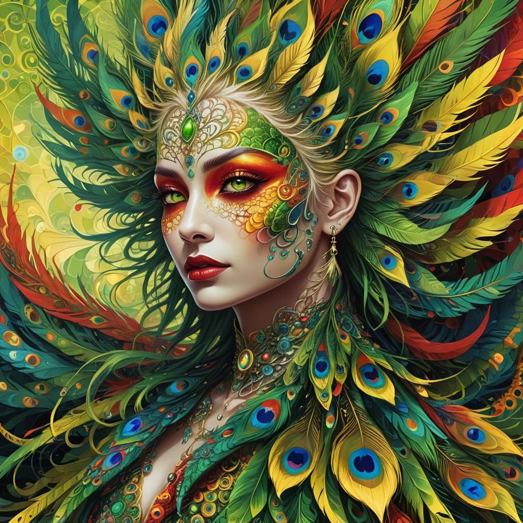 Beautiful dragon peacock woman with colourful skin, yellow hair, red eyes, green lips and colourful feathers ...  by @Ri Ri