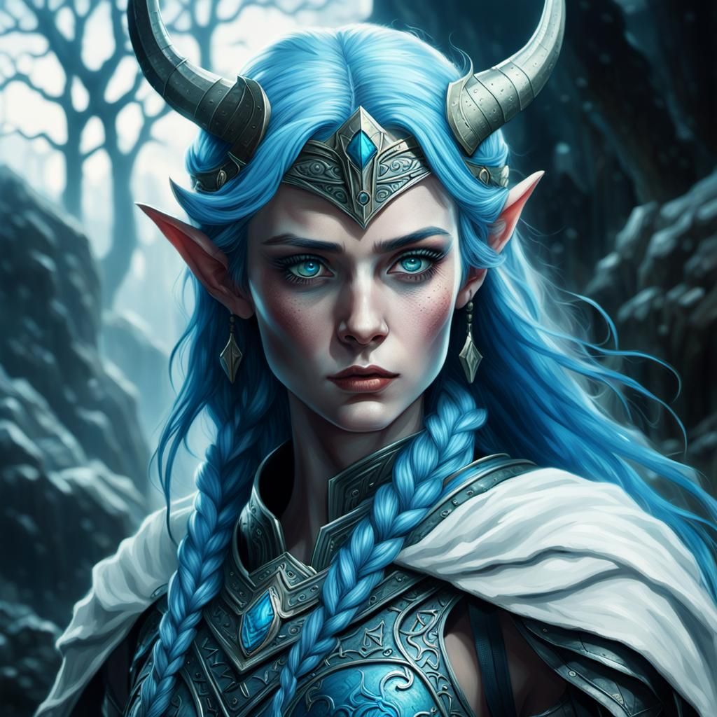 A Beautiful Blue Haired Female Elf Viking Witch With Blue Eyes in white ...