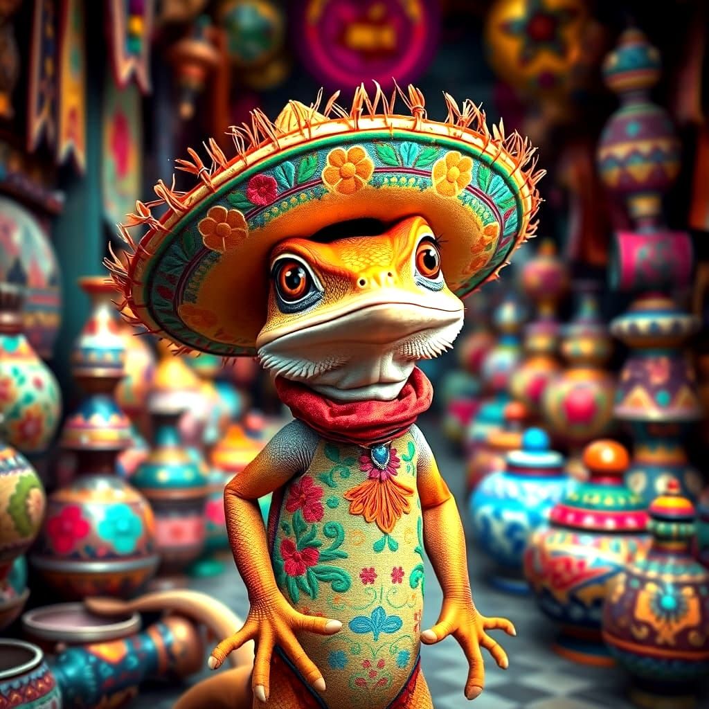 Cute funny lizard in Mexica wearing sombrero;intricate::hyperdetailed::contrasting colors:: deep color::splash ...  by @Muse