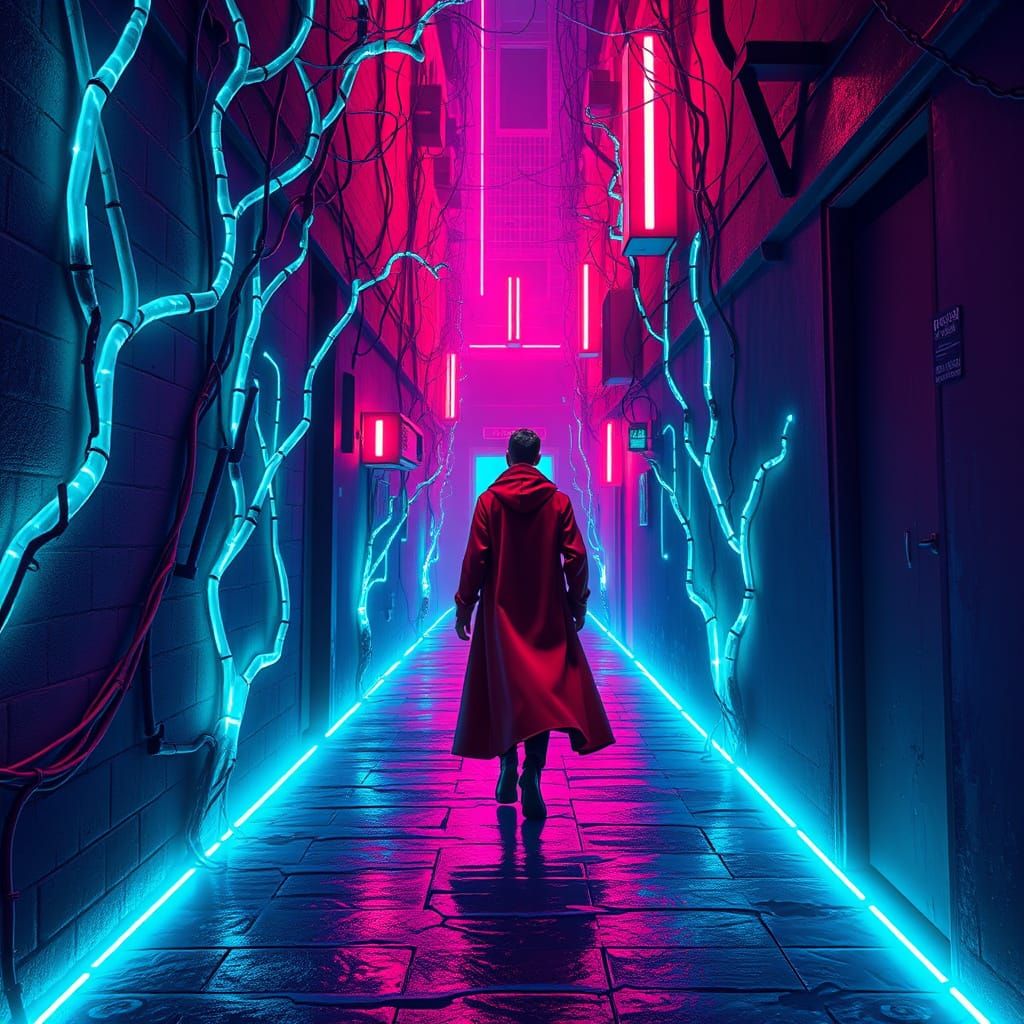 Neon Alleyway Figure in Cyberpunk Style