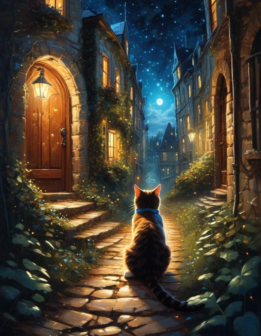 Magical Window Pathway with Cat, Oil Painting Style
