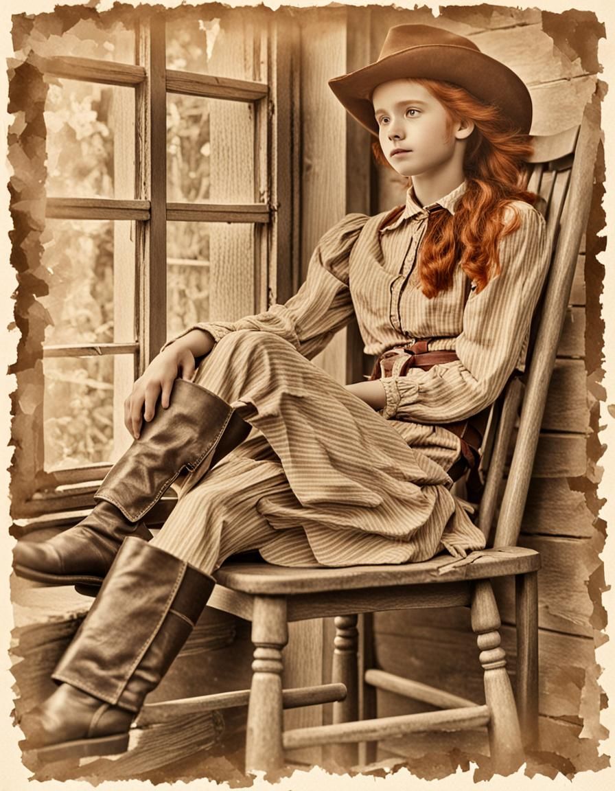 Postcard on a cracked paper of a charming Ruby-haired Girl i...