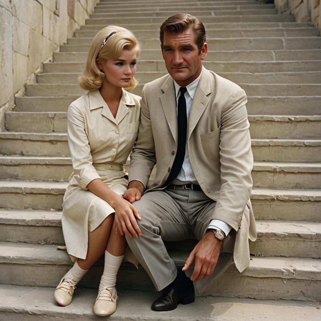 rod taylor In the 1960 Time Machine film, holding Yvette Mimieux hand who  is wearing a cream coloured free with short sleeves, sitting on e... - AI  Generated Artwork - NightCafe Creator