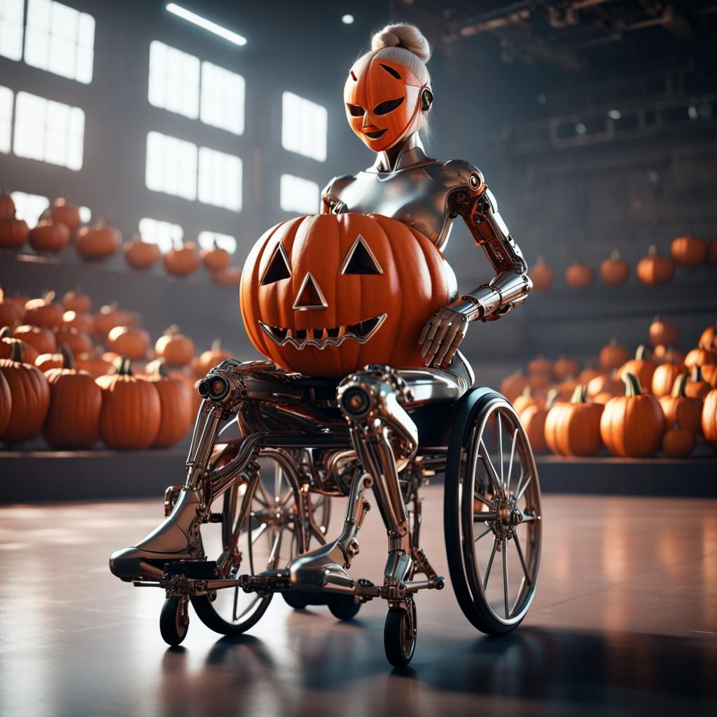 Ballerina in a wheelchairwith a pumpkin mask dancing on stag...