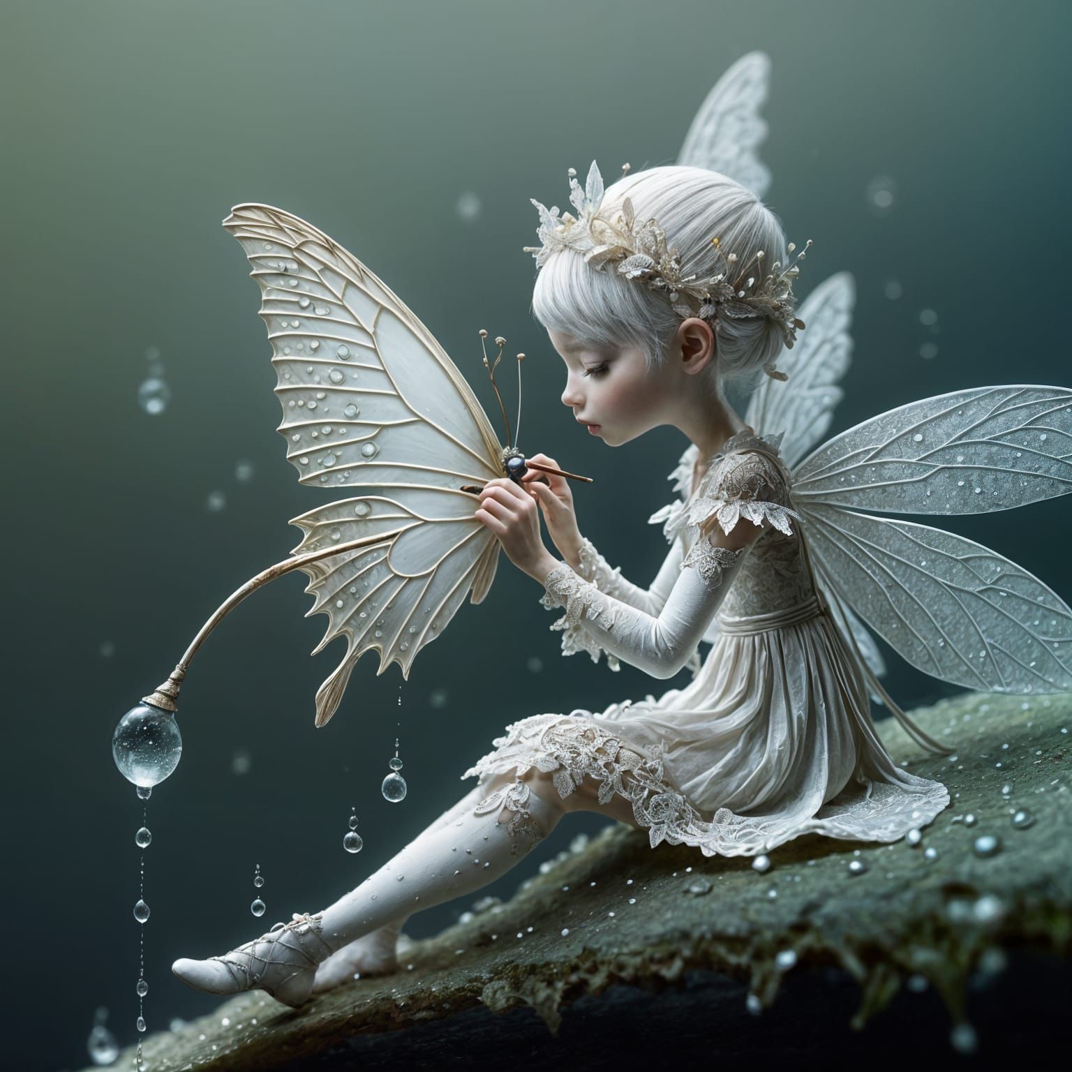 Ethereal Fairy on Human Finger in Muted Watercolor Style