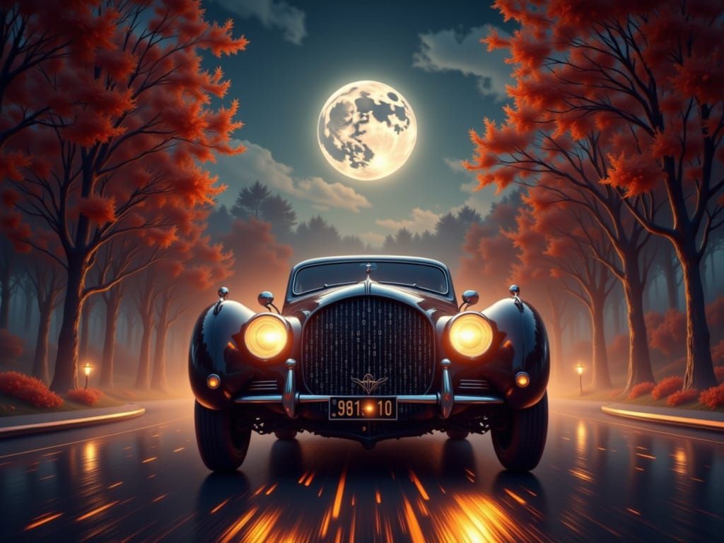Vintage Car Dissolving into Binary Code in Autumn Landscape