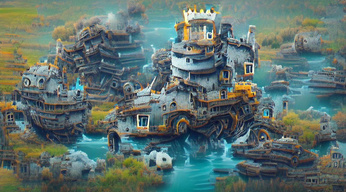 machine floating castle. landscape. 8k resolution. trending on Artstation