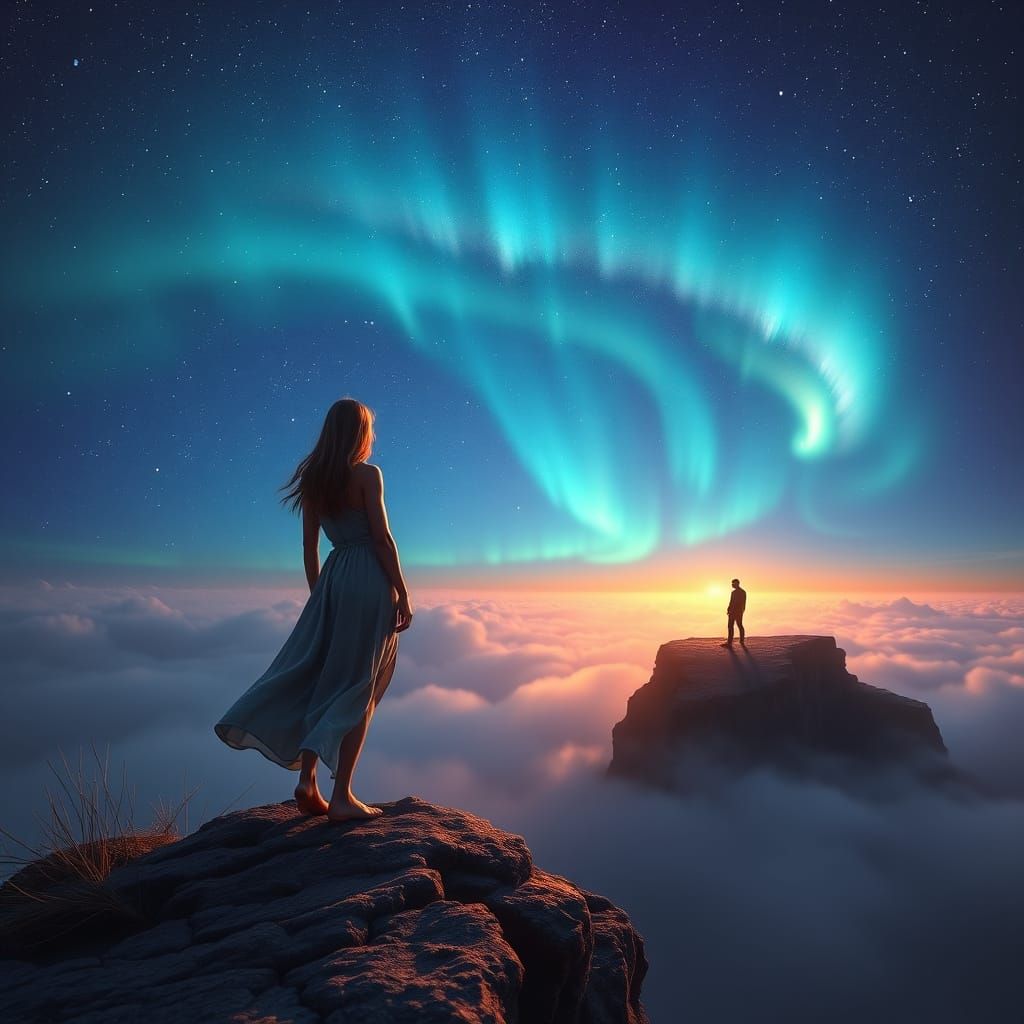 Woman on Cliff's Edge, Starry Night Sky with Aurora Borealis