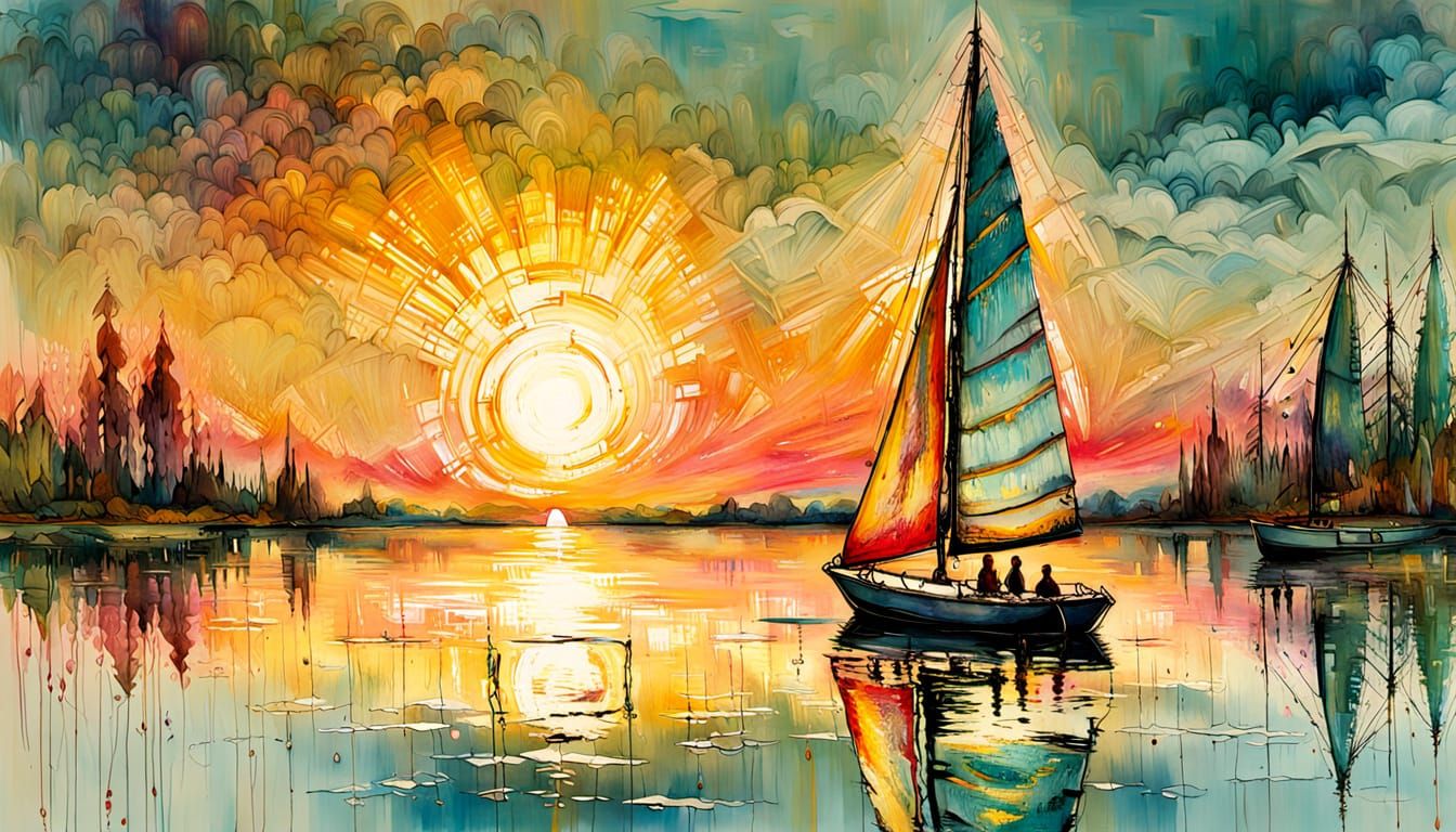 Sailboat on a still lake in summer by Carne Griffiths, Anna Silivonchik and William Turner. Golden hour, ...  by @Mr Classics