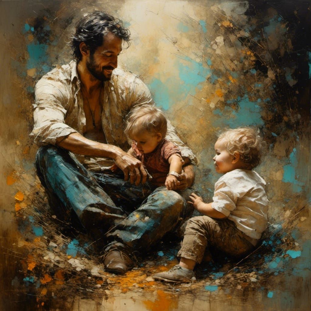 <lora:Filigree Oils:1.0> Oil painting, closeup of young father playing with toddlers
