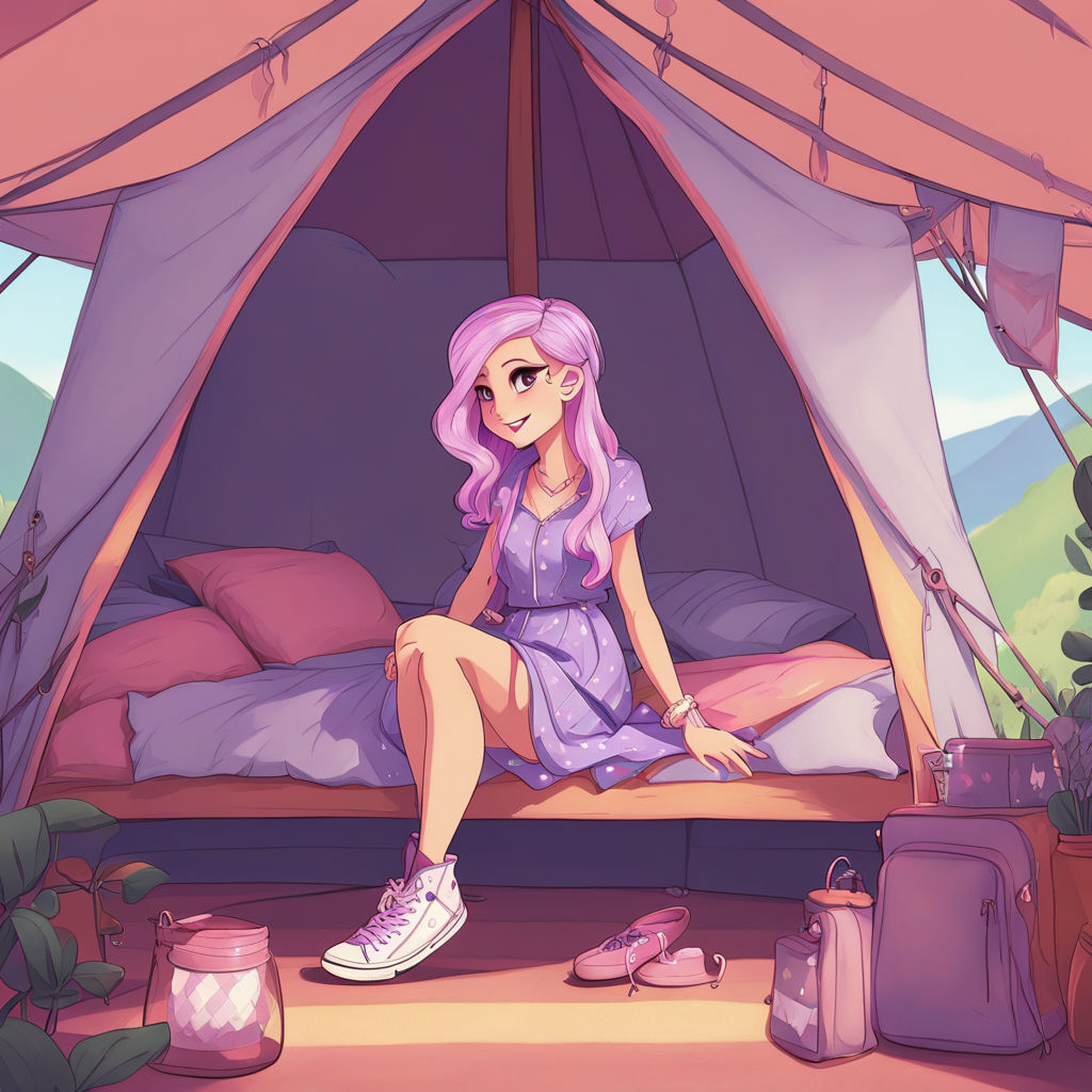 Rarity, on a glamping holiday, sitting outside her tent
