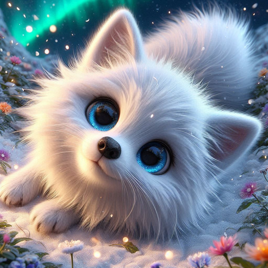 Adorable little arctic Fox under the Northern Lights (2)