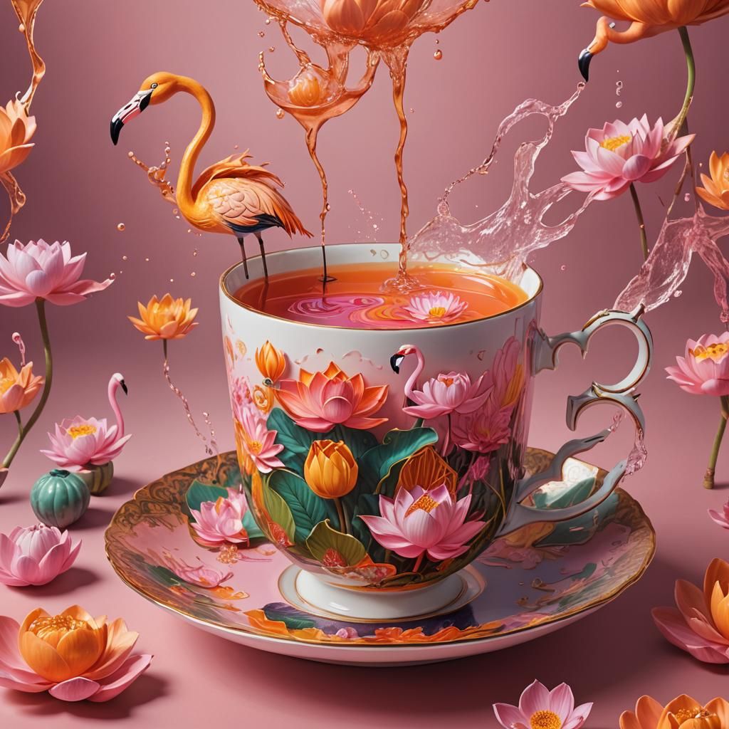 Orange Storm in Teacup with Flamingos: Splash Art