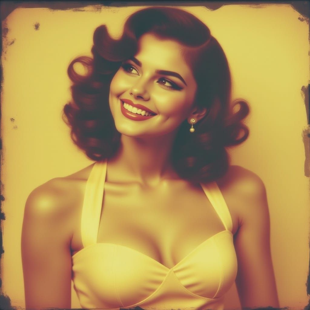 <lora:RetroPolaroid:1.0> glitchy grainy 50s pin up woman portrait. Raw photo. Faded antique colours. halter neck yellow Sun dress, joyful. S...