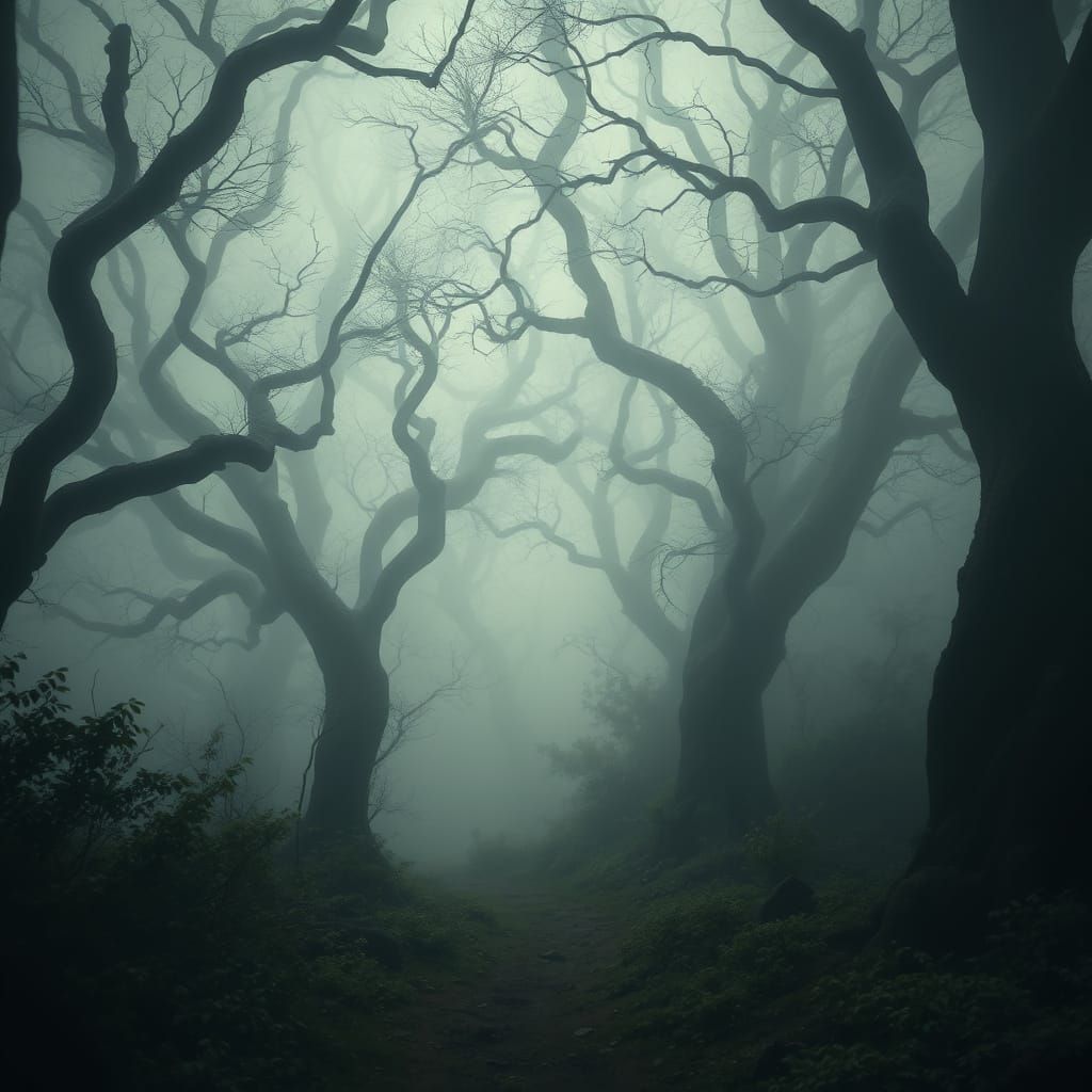 Mysterious Forest Path in Swirling Fog