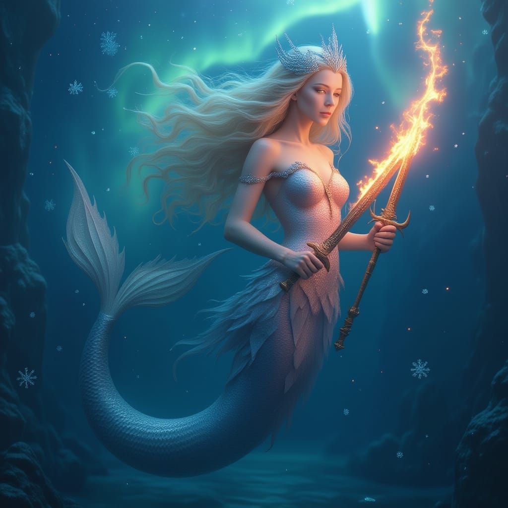 Goddess of ice and fire in the icy ocean, intricate ice patterns and molten lava filaments intertwine together to create a beautiful meash. ...