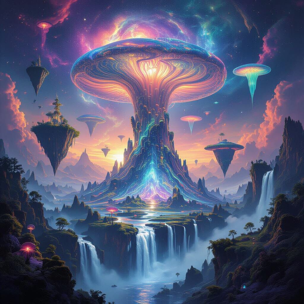 Surreal Cosmic Landscape with Crystal Tree