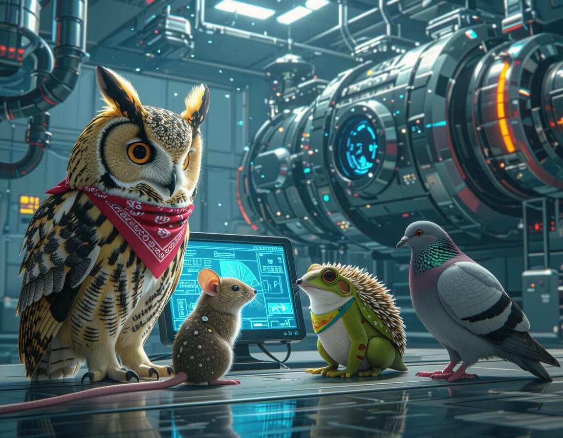 Can you create an image for an invitation featuring a Owl, Mouse, Frog, Hedgehog, Pigeon, each wearing a bandana, working together using dig...