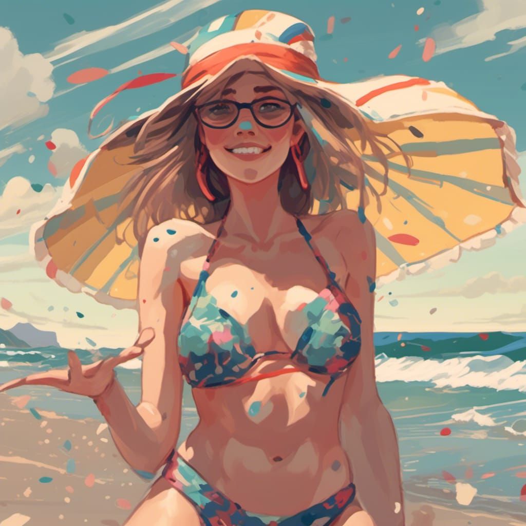 <lora:Classical:0.3> 
Eine hübsche junge Frau in einem knappen Bikini am Strand vor eindrucksvollen Wellen.