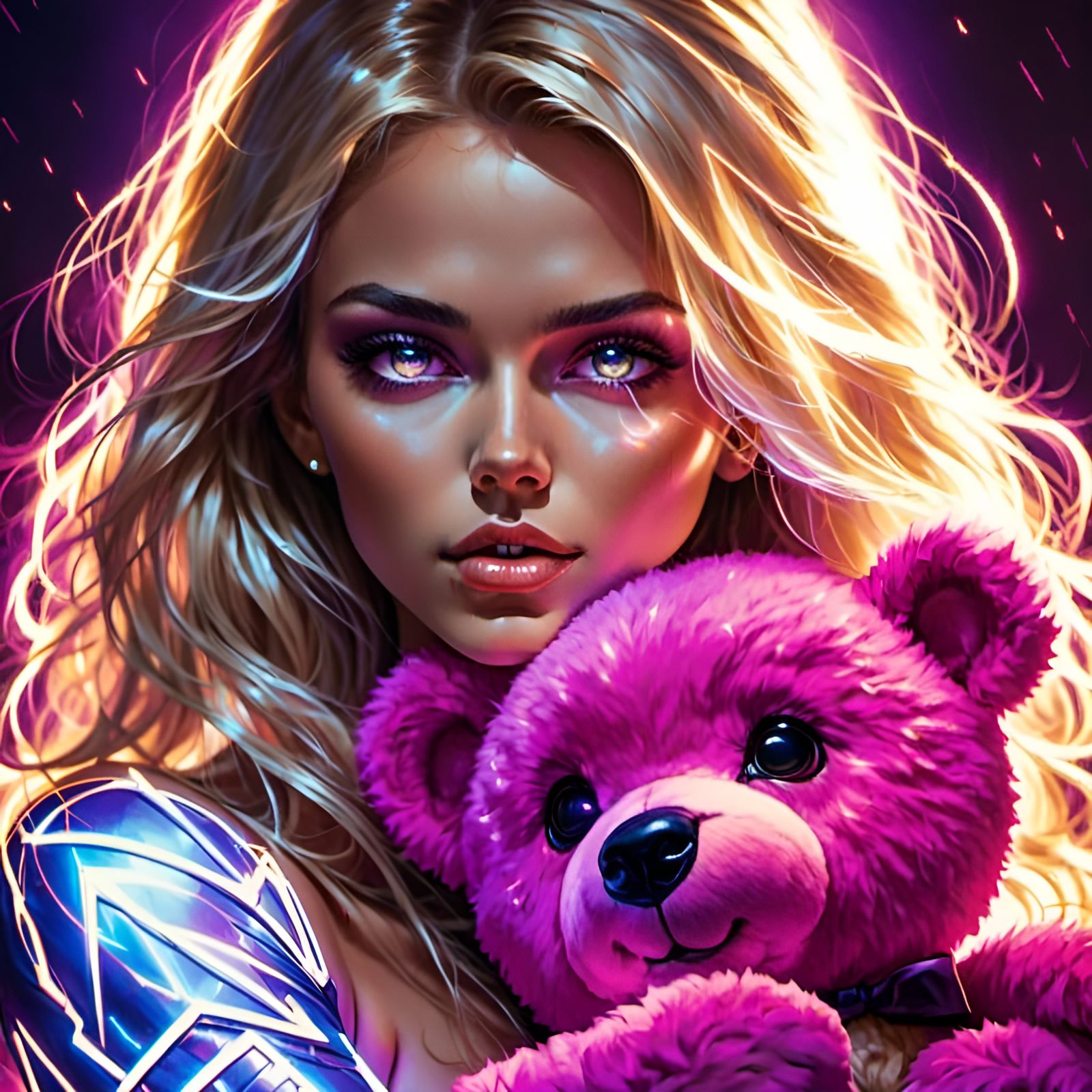  <lora:Shiver_of_Light:1.0>A beautiful woman holding a teddy bear