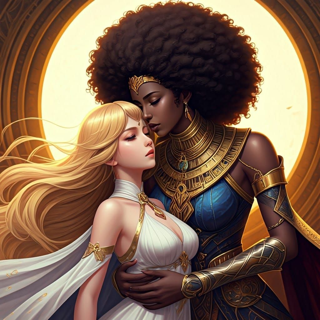 African Queen Enfolds European Maiden in Elegant, Anime-Insp...