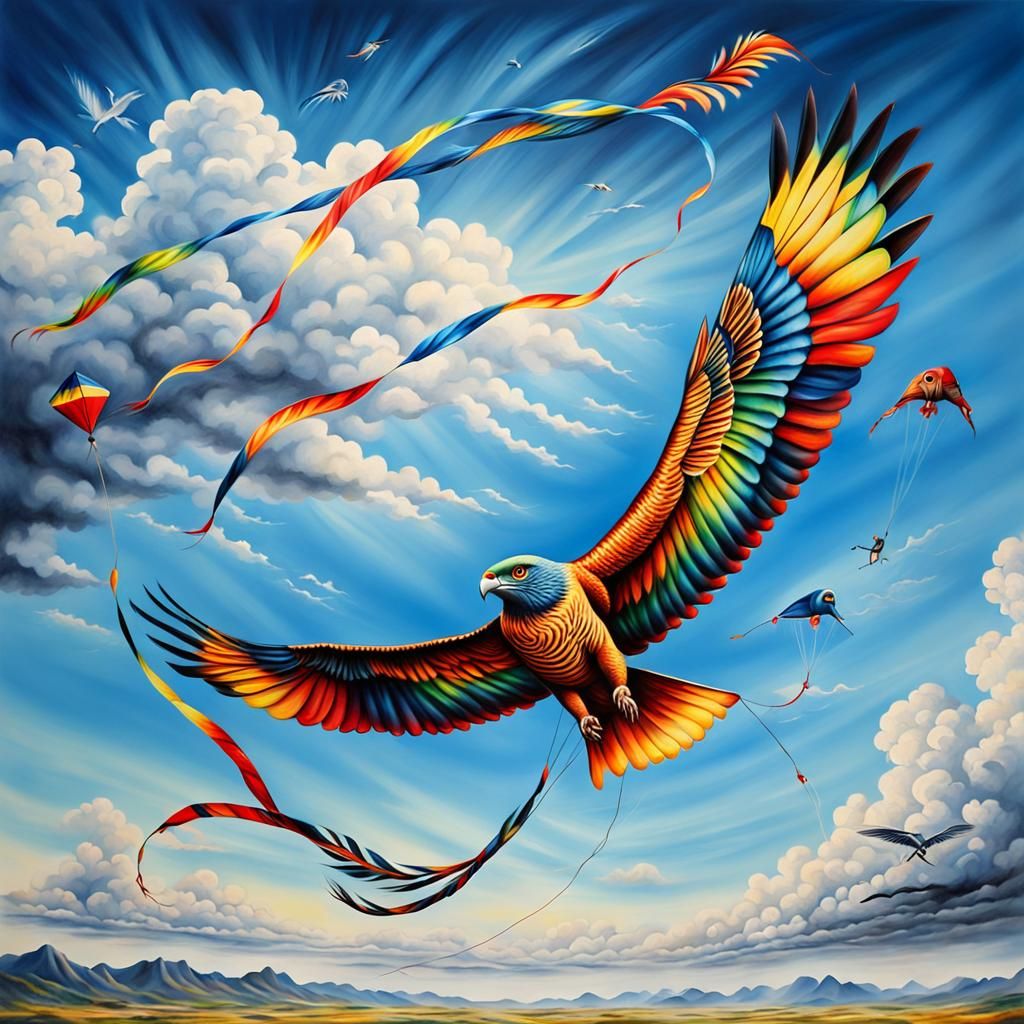 Animal Kite high in the sky, High detailed, Clean Oil painte...