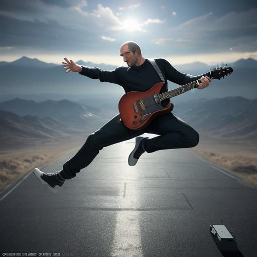 Young Pete Townshend jumping whilst playing guitar wearing a...