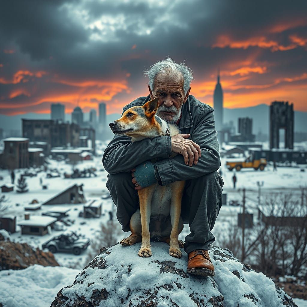  elderly man embraces his dog the background is;  Epic post apocalyptic ...  by @The-LAW