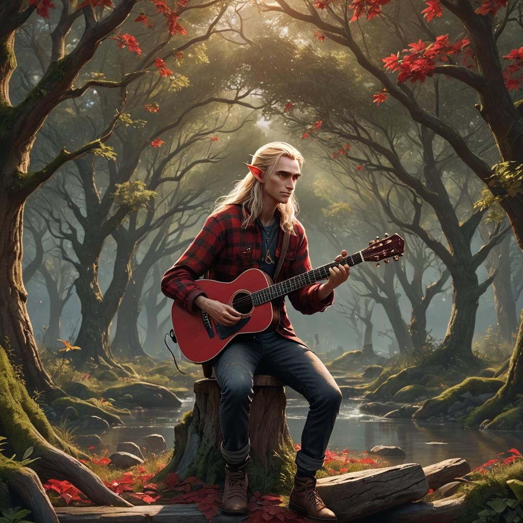 Male elf with long blonde hair wearing red flannel shirt wit...